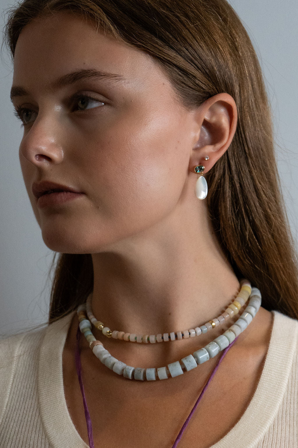 14K Gold Green Topaz & Mother of Pearl